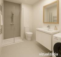 A bathroom in a 3-room apartment with a shower, sink, and washing machine.