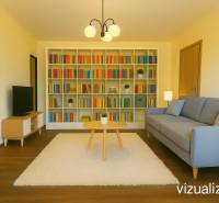 Living room in a three-room apartment with shelves, a gray sofa, and a wooden decor floor.