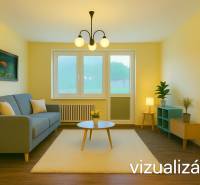 Living room in a 3-room apartment with a sofa, table, and wooden decor flooring.