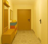A hallway in a 3-room apartment with patterned flooring and colorful furniture.