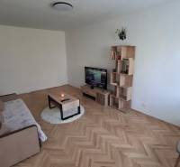 Living room in a 3-room apartment with a sofa, TV, and wooden decor flooring.