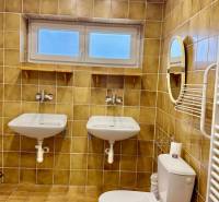 A bathroom in a family house with two sinks and brown tiles.