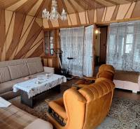A living room with retro furniture, a chandelier, and patterned walls in a family house.