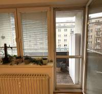 A balcony from a 4-room apartment with a view of buildings, complemented by plants on the windowsill.