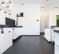 Commercial spaces with black countertops, decorative walls, and geometric elements.