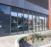 Commercial spaces on Súkennícka Street in Bratislava - Ružinov with a glass facade and plants.
