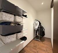 A wardrobe in a family house with a wooden decor floor, shelves with storage boxes.