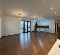 Living room with kitchen in a family house, wooden decor flooring, bright and spacious environment.