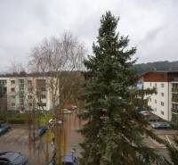 Považská Bystrica, SNP: view of residential buildings, trees, and parked cars in front of a 3-room apartment.