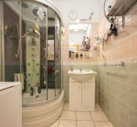 Bathroom in a 3-room apartment with a bathtub shower and a cabinet under the sink.