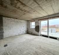 Unfinished space with concrete walls and large windows in a family house.