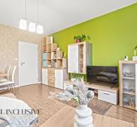 Interior of a 3-room apartment with light-colored walls, a colorful wall, and a floor with a wood decor.