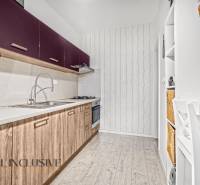 A kitchen with purple cabinets and a wood-patterned floor in a three-room apartment.