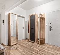 A hallway with a wood-decor floor and a wardrobe in a 3-room apartment.