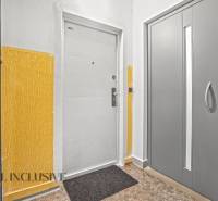 Entrance door in a 3-room apartment, next to a gray elevator, yellow walls.