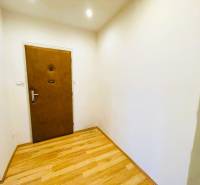 A bright hallway in a 3-room apartment with a wooden decor floor and wooden doors.