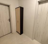 In a 2-room apartment, white doors with a subtle pattern and a narrow cabinet.
