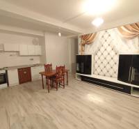Interior of a 2-room apartment with a kitchen, dining table, and floor with wood decor.