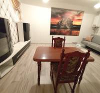 Living room in a two-room apartment with a wooden decor floor and a striking picture of a leopard.