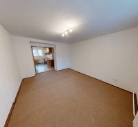Living room with access to the kitchen in a 2-room apartment with carpet flooring.
