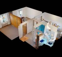 3D floor plan of a 2-room apartment with spacious rooms and a furnished bathroom.