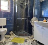 A bathroom in a 3-room apartment with blue tiles and a shower corner.