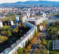 Aerial view of Prešov, Matice Slovenskej Street, with a nearby 2-room apartment marked.
