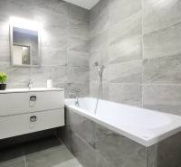 Bathroom in a 2-room apartment with gray tiles, a bathtub, and a mirror above the sink.