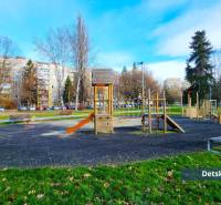 Playground on Matice Slovenskej Street in Prešov, surrounded by greenery and apartment buildings.