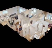 3D floor plan of a 3-room apartment with wood-patterned flooring, showing the layout of the rooms.