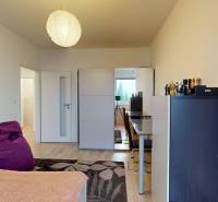 Bedroom in a 3-room apartment with a wooden decor floor, wardrobe, and lamp.