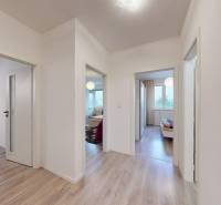 A bright hallway, a floor with a wooden decor, doors lead to the rooms of a three-room apartment.