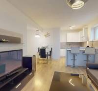 Living room of a three-room apartment with wood-patterned flooring, a television, and a kitchenette.