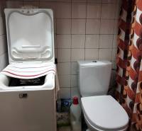 Bathroom in a 3-room apartment with a washing machine, toilet, and colorful curtain.