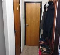 A narrow hallway with a shoe rack and a coat rack in a three-room apartment.