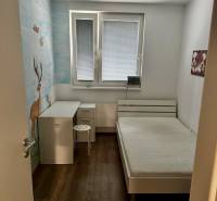 Children's room with one bed, a desk, and a floor with a wooden decor.