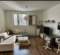 A living room in a three-room apartment with a wooden decor floor, a sofa, and a television.