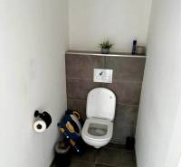 A toilet with decorative tiles and a child seat in a 3-room apartment.