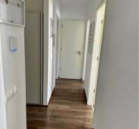 A hallway in a 3-room apartment with a wooden decor floor and white walls.