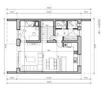 Floor plan of a family house in Nové Zámky, first floor with living room and kitchen.