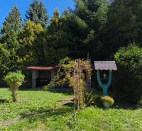 A garden with a gazebo near a cottage in Dolné Strháre, surrounded by dense trees and lawn.