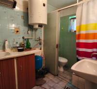 Bathroom in a cabin with blue tiles and a shower corner.