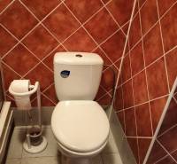 Bathroom in a studio apartment with a toilet, brown tiles, and a stone-patterned floor.