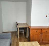 Interior of a 1-room apartment with a sofa, table, and floor with a wood decor.