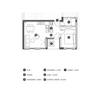 Floor plan of a Holiday Apartment: bedroom, bathroom, kitchen, living room, hallway, loggia, wardrobe.