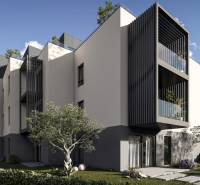 A recreational apartment in Hvar with modern features, palm trees, and green trees.