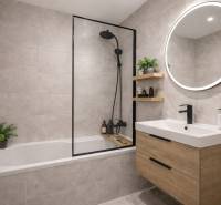 Bathroom with a shower, bathtub, sink, round mirror, and shelves in a 4-room apartment.