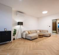 Living room in a three-room apartment with a wooden decor floor, light seating, and plants.