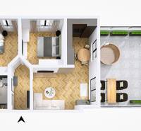 3-room apartment with wood-patterned flooring and a spacious terrace.