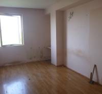 A room in a two-room apartment, pale walls, window, wooden decor flooring, slight wear.